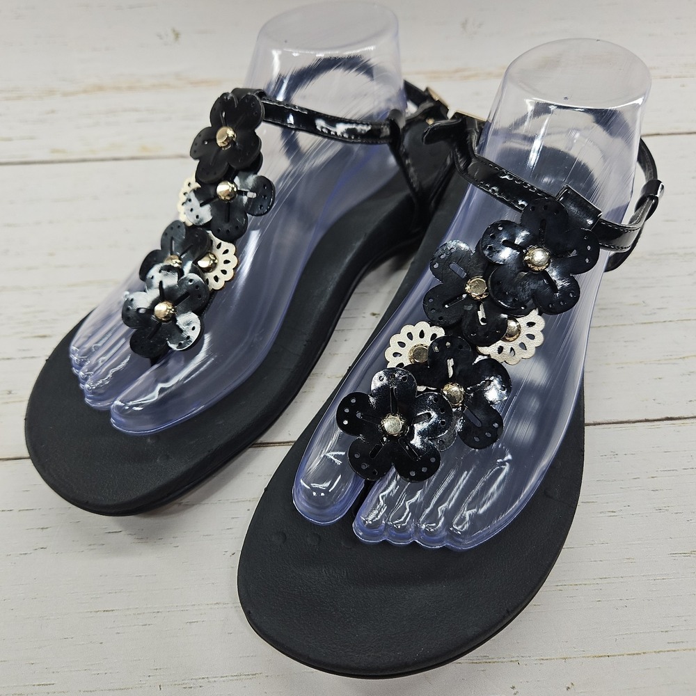 Vionic Julie II Thong Sandals Black Silver Floral Slingback Womens 9 Orthotic